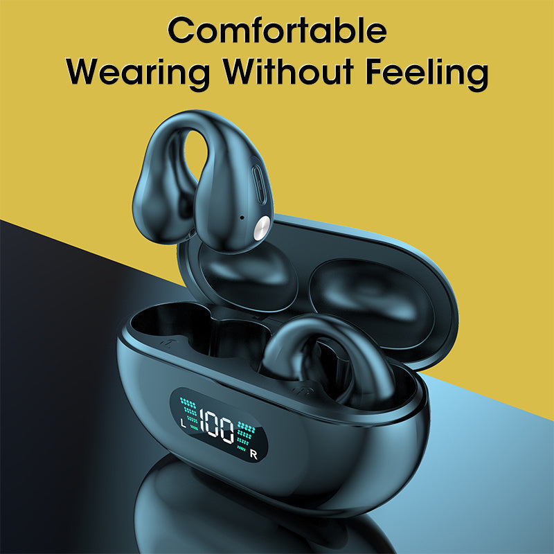 Bone conduction headphones with charging case, ergonomic design, and Bluetooth connectivity for comfortable, wireless listening.