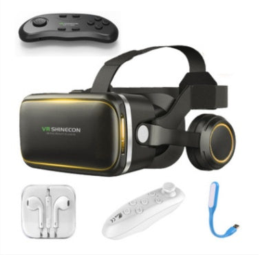VR Shinecon 120° FOV 3D virtual reality glasses with stereo headphones and accessories.