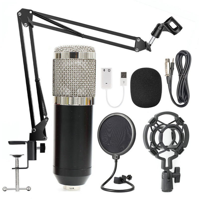 Net Microphone Stand Set with adjustable arm, microphone, shock mount, pop filter, and cables for professional audio recording.