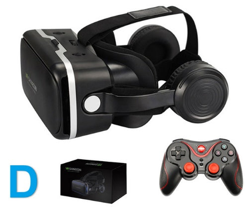 VR Shinecon 120° FOV 3D virtual reality glasses with stereo headphones and a controller.