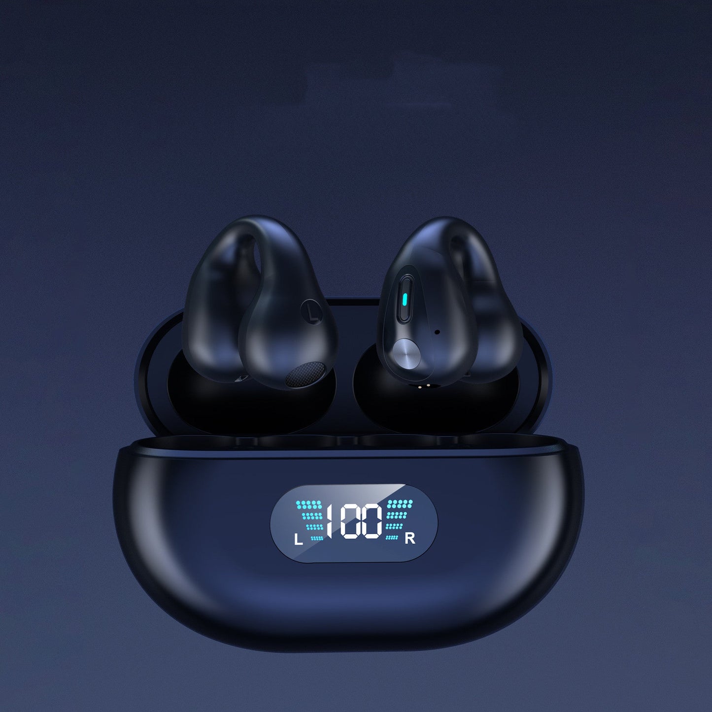Bone conduction headphones with Bluetooth 5.3 in charging case displaying battery level.