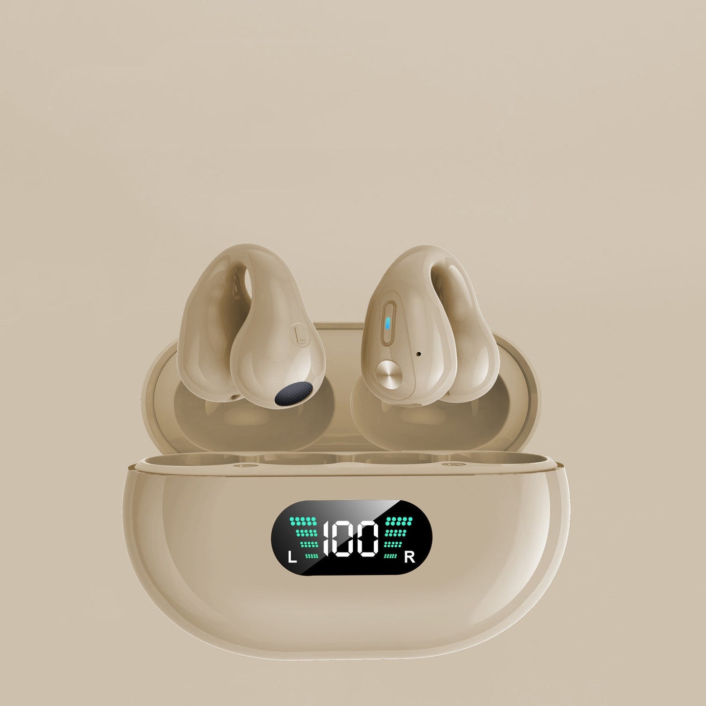 Bone conduction headphones TWS earbuds with Bluetooth 5.3 and touch controls in charging case.