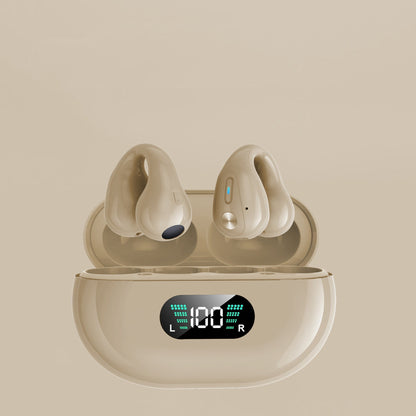 Bone conduction headphones TWS earbuds with Bluetooth 5.3 and touch controls in charging case.