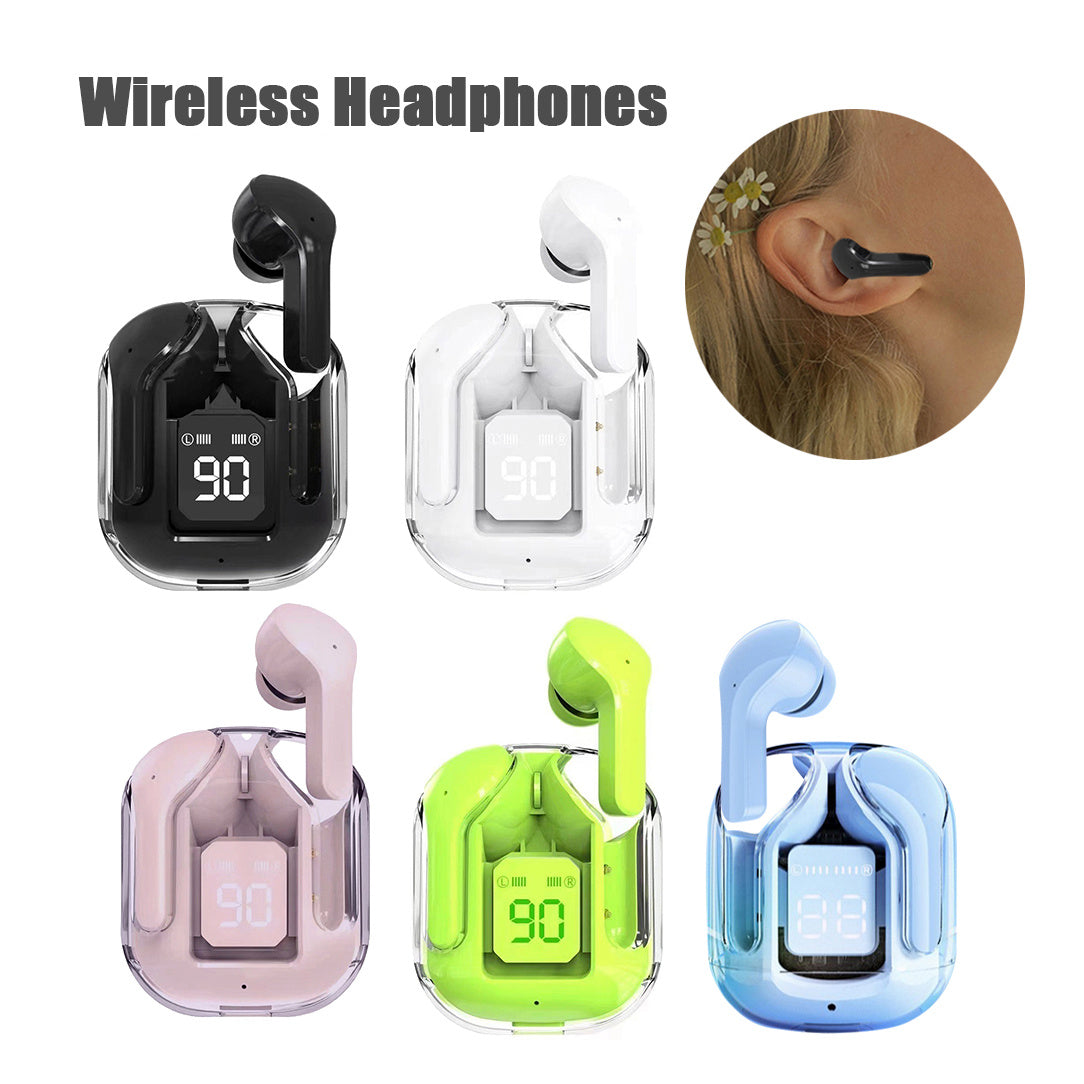 Mini transparent wireless Bluetooth headset with digital display, ENC noise reduction; available in multiple colors.