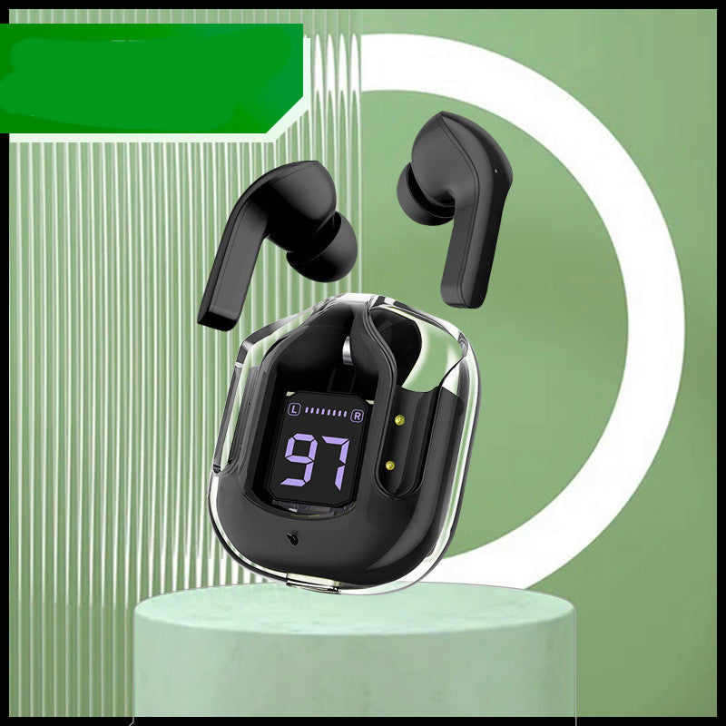 Mini transparent wireless Bluetooth headset with digital display and ENC noise reduction, featuring a sleek and modern design.