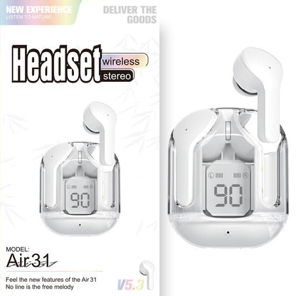 Mini Transparent Wireless Bluetooth Headset with Digital Display and ENC Noise Reduction.