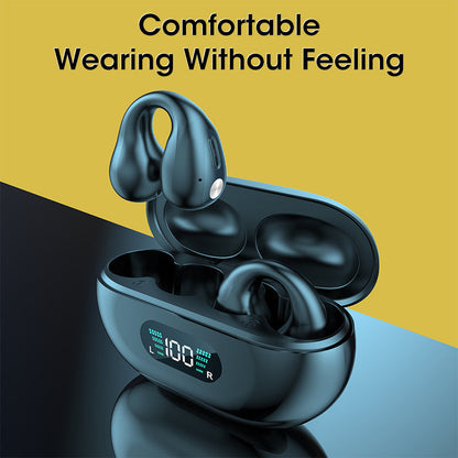 Bone conduction headphones with charging case, ergonomic design, and Bluetooth connectivity for comfortable, wireless listening.