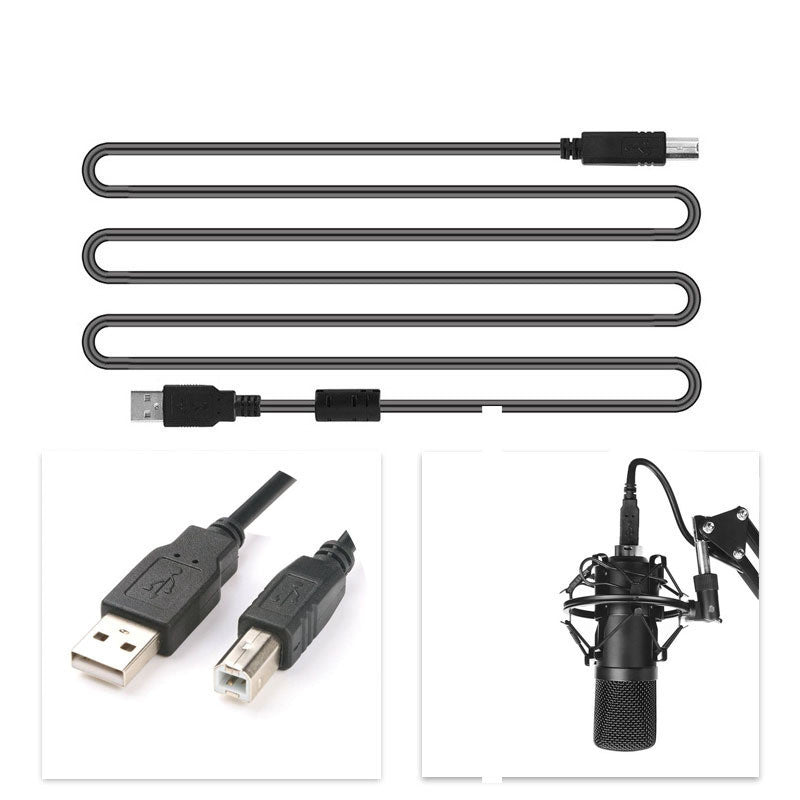 Complete microphone set with USB cable, pop filter, shock mount, and adjustable boom arm for gaming and recording.