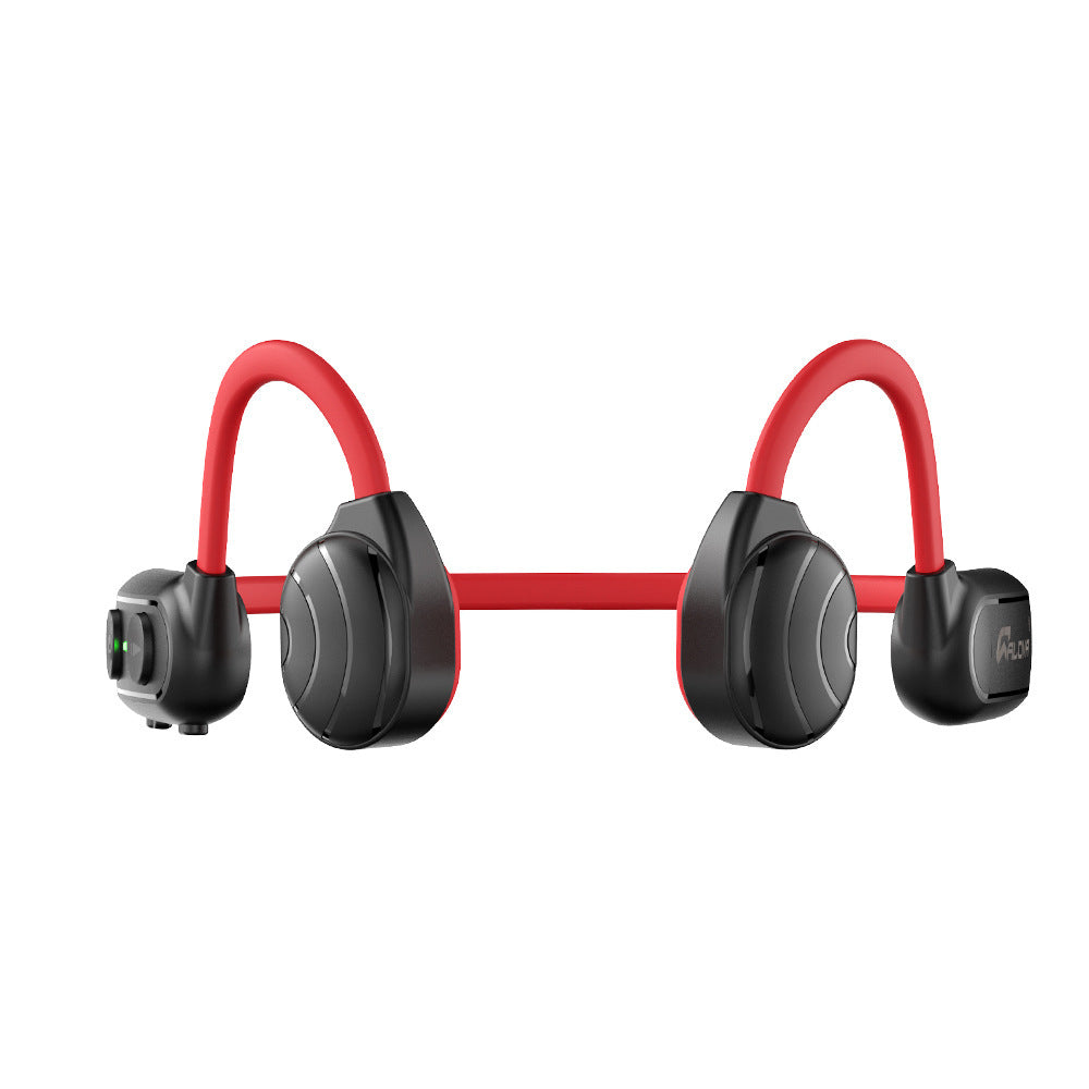 Personal Bone Conduction Bluetooth Headset in black and red with open-ear design for comfort and safety.