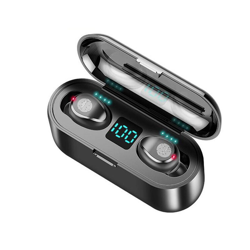 Waterproof sports Bluetooth headphones with charging case and LED display.