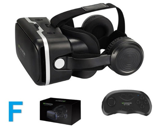 VR Shinecon 120° FOV 3D virtual reality glasses with integrated stereo headphones for immersive experience.