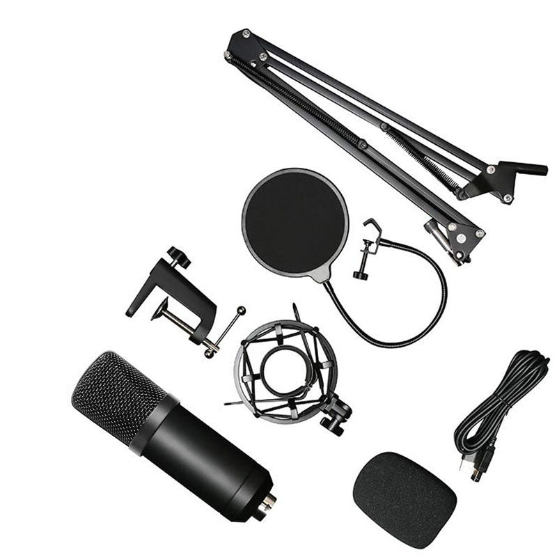 Complete microphone set for gaming and recording, featuring condenser mic, boom arm, pop filter, shock mount, and USB connectivity.