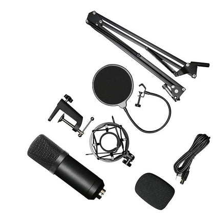 Complete microphone set for gaming and recording, featuring condenser mic, boom arm, pop filter, shock mount, and USB connectivity.