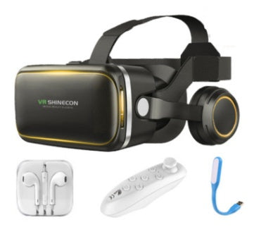 VR Shinecon 120° FOV 3D virtual reality glasses with stereo headphones, ergonomic design, and included accessories for immersive experience.