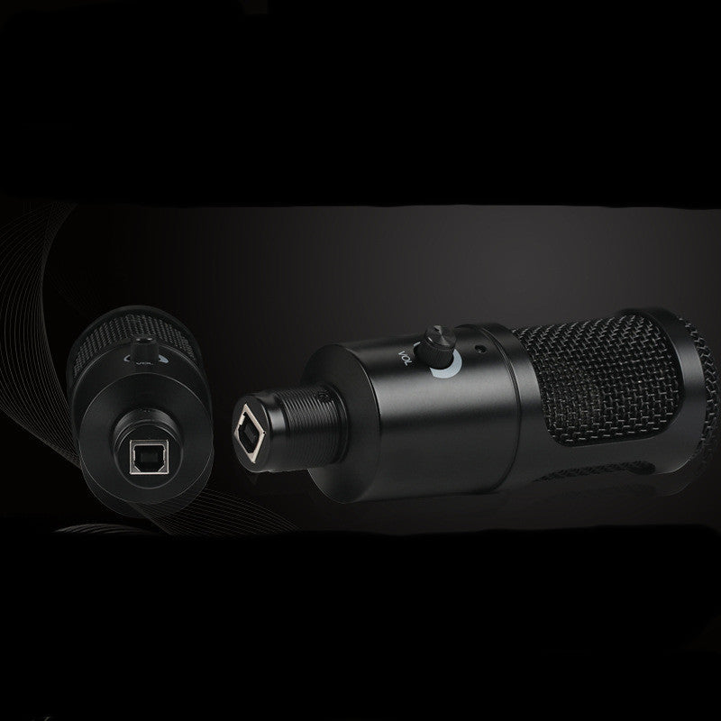 Condenser microphone for gaming and live recording, featuring high-sensitivity pickup, cardioid pattern, and plug-and-play USB connectivity.