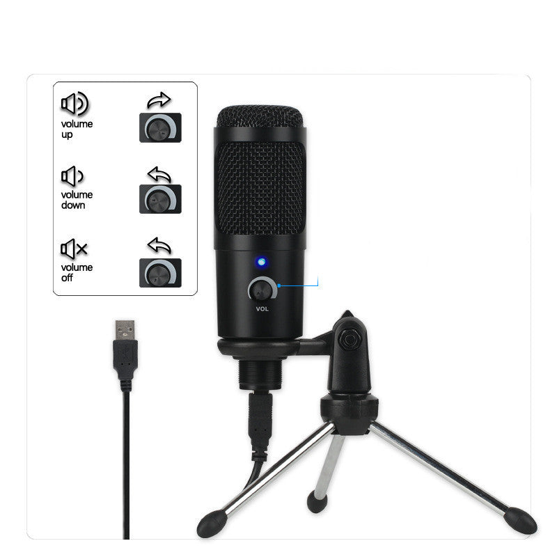 Condenser microphone with USB connectivity and adjustable stand for gaming and live recording.