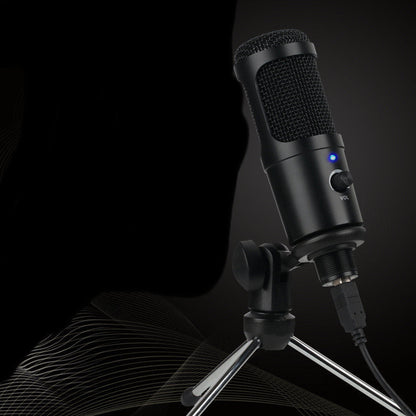 Condenser microphone with USB connectivity on adjustable stand, ideal for gaming and live recording.