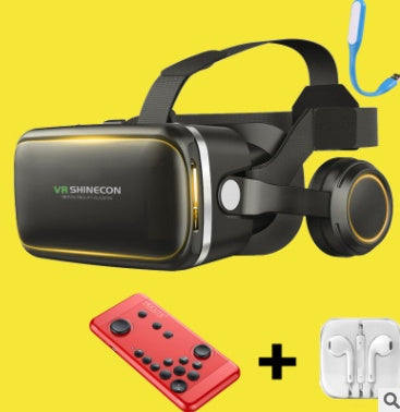 VR Shinecon 120° FOV 3D virtual reality glasses with integrated stereo headphones and smartphone compatibility.