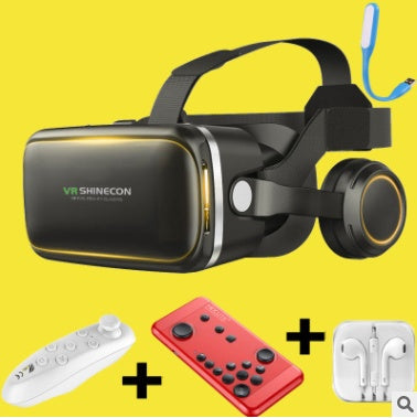 VR Shinecon 120° FOV 3D virtual reality glasses with stereo headphones and accessories.