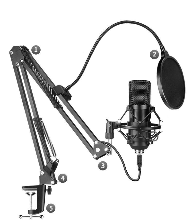 Complete microphone set with condenser mic, adjustable boom arm, shock mount, pop filter, and USB connectivity for gaming and recording.