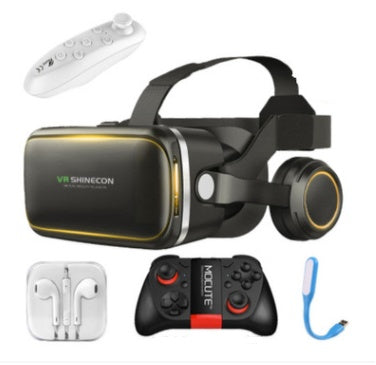 VR Shinecon 120° FOV 3D virtual reality glasses with stereo headphones and accessories.