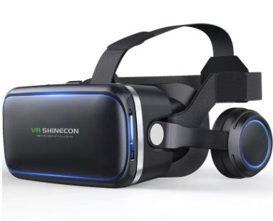 VR Shinecon 120° FOV 3D virtual reality glasses with stereo headphones, ergonomic design, and smartphone compatibility.