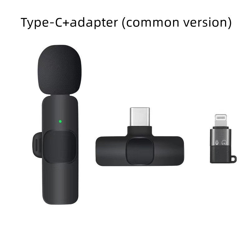 Wireless Lavalier Microphone with Type-C and adapter, ideal for interviews and outdoor content creation.