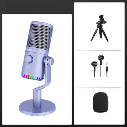 Esports dedicated desktop computer microphone with stand, cables, and windscreen accessory.