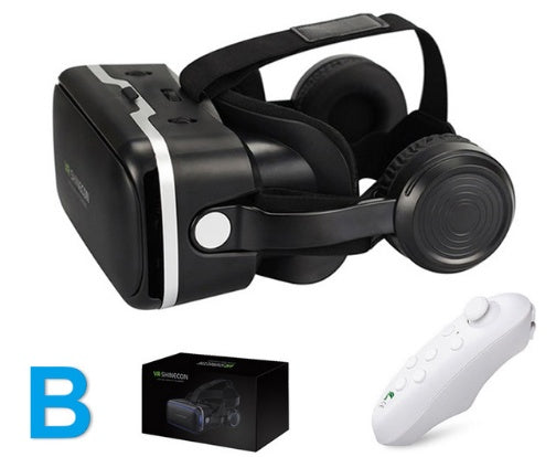 VR Shinecon 120° FOV 3D virtual reality glasses with stereo headphones and controller in black.
