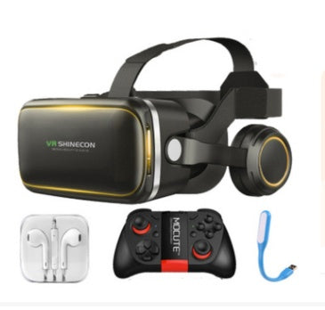 VR Shinecon 120° FOV 3D virtual reality glasses with integrated stereo headphones, wireless controller, and accessories.
