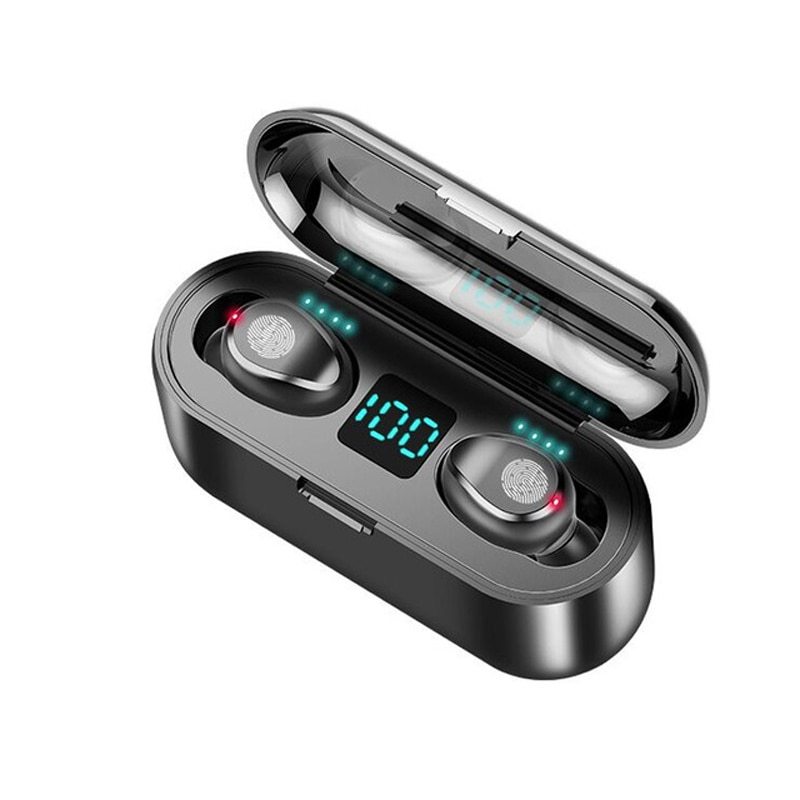 Waterproof sports headphones in charging case with Bluetooth connectivity and touch controls.
