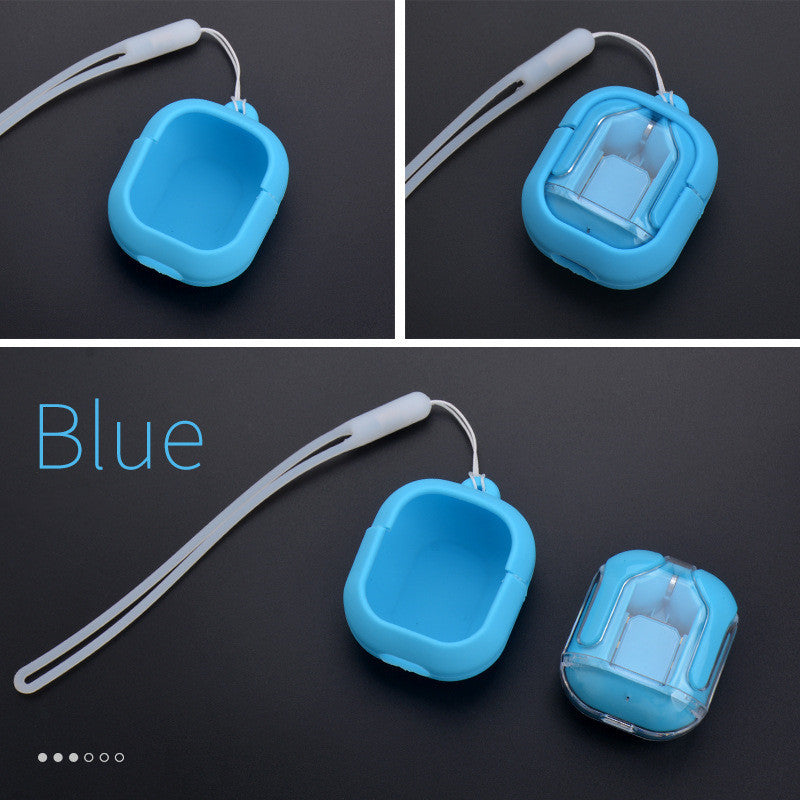 Mini transparent wireless Bluetooth headset in blue with sleek charging case.