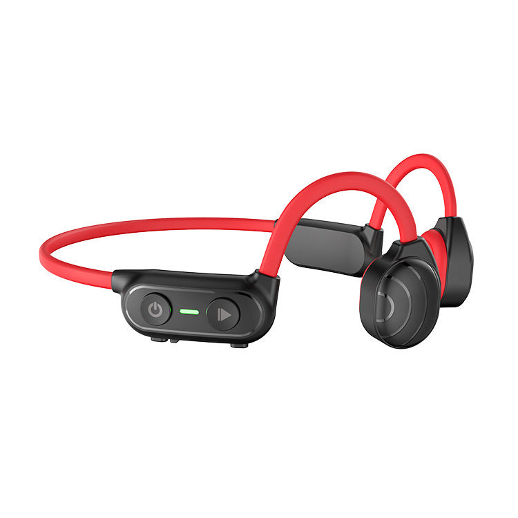 Personal bone conduction Bluetooth headset with open-ear design, red and black, suited for sports and outdoor activities.