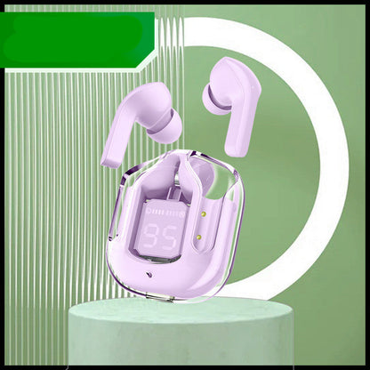 Mini transparent wireless Bluetooth headset with digital display on a stylish green background.