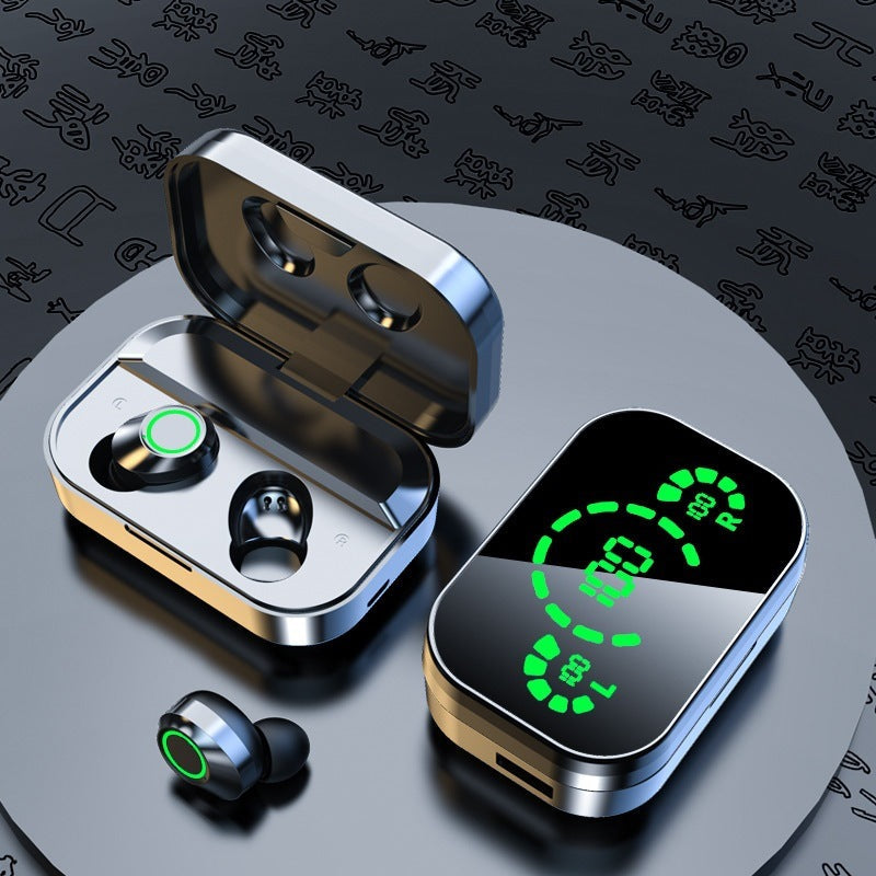 YD03 Wireless Bluetooth Headset with smart digital display and breathing lights, featuring ergonomic design and portable charging case.