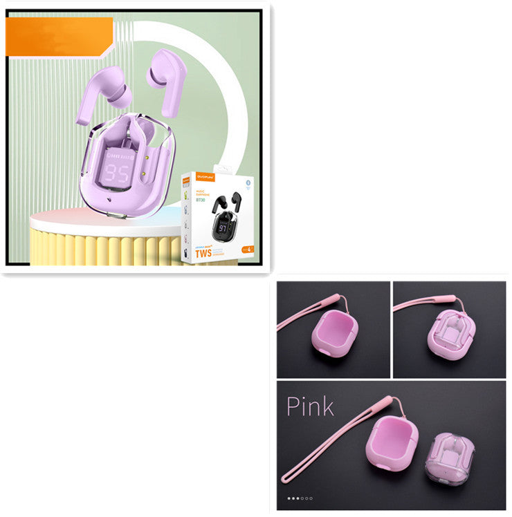 Mini transparent wireless Bluetooth headset with digital display, ENC noise reduction, and pink portable case.