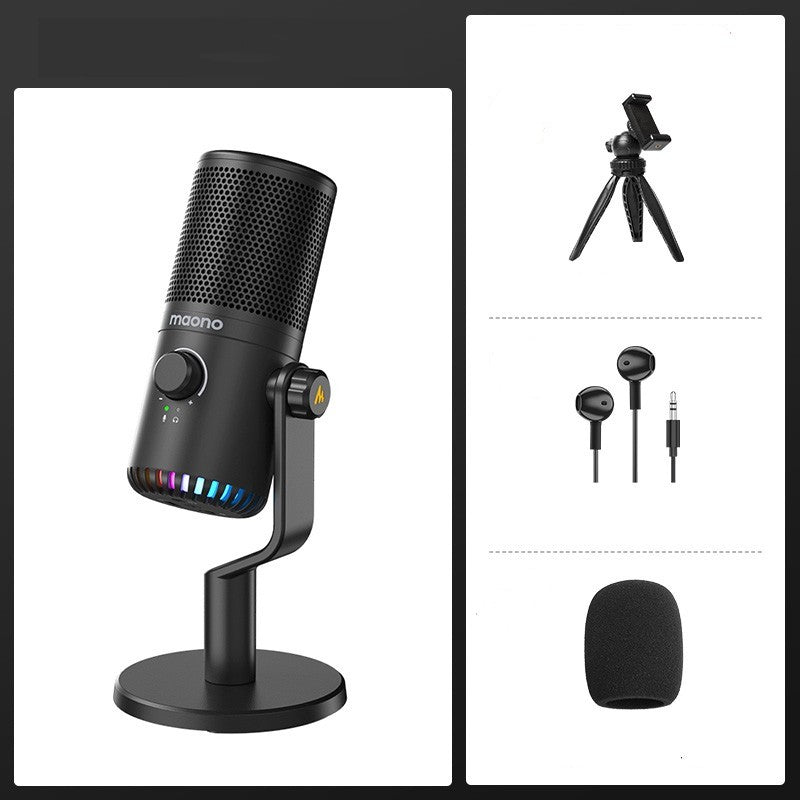 Esports dedicated desktop computer gaming microphone with adjustable stand and plug-and-play USB connectivity.