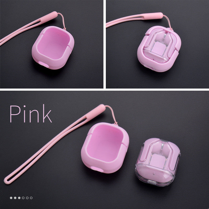 Mini transparent wireless Bluetooth headset in pink with digital display and ENC noise reduction.