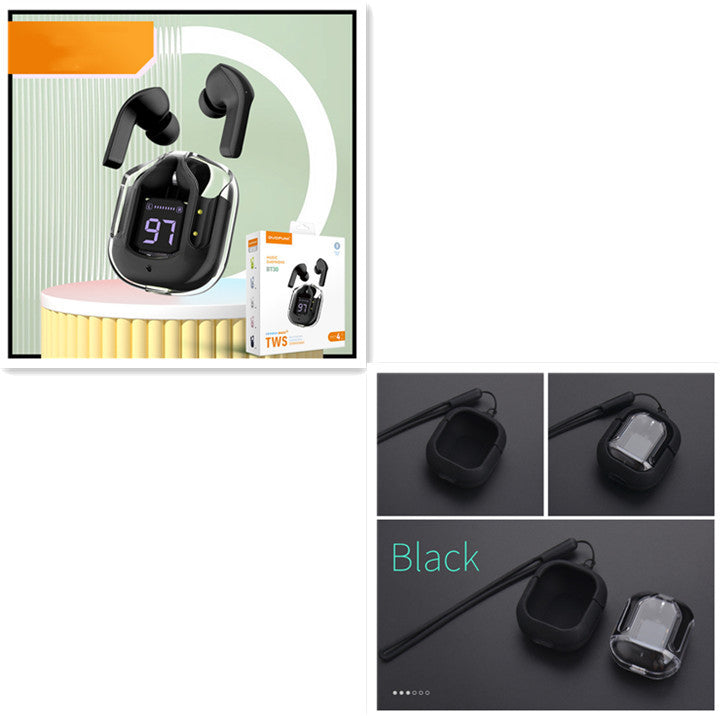 Mini transparent wireless Bluetooth headset with digital display and ENC noise reduction.