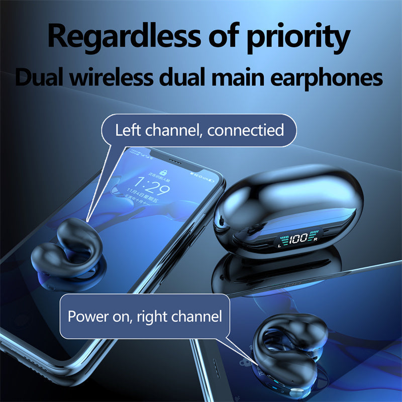 Bone conduction headphones TWS earbuds with Bluetooth 5.3 and touch controls displayed with smartphone, emphasizing wireless connectivity and dual main earphones.