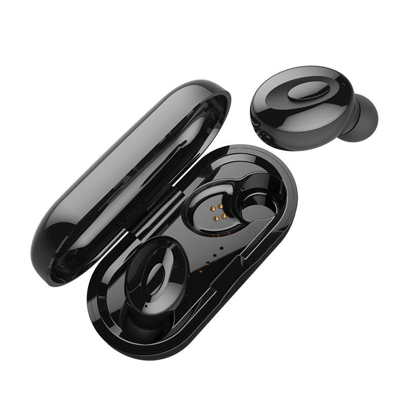 Wireless sports headphones with charging case, ergonomic fit, and touch controls.