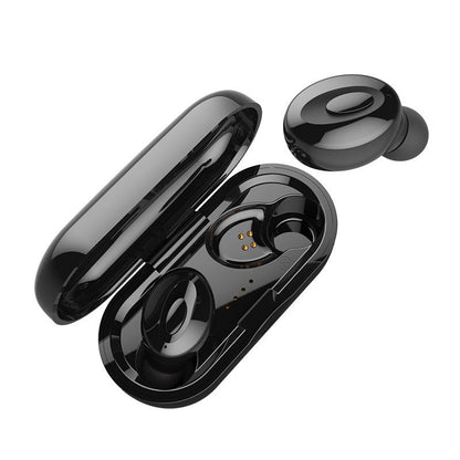 Wireless sports headphones with charging case, ergonomic fit, and touch controls.