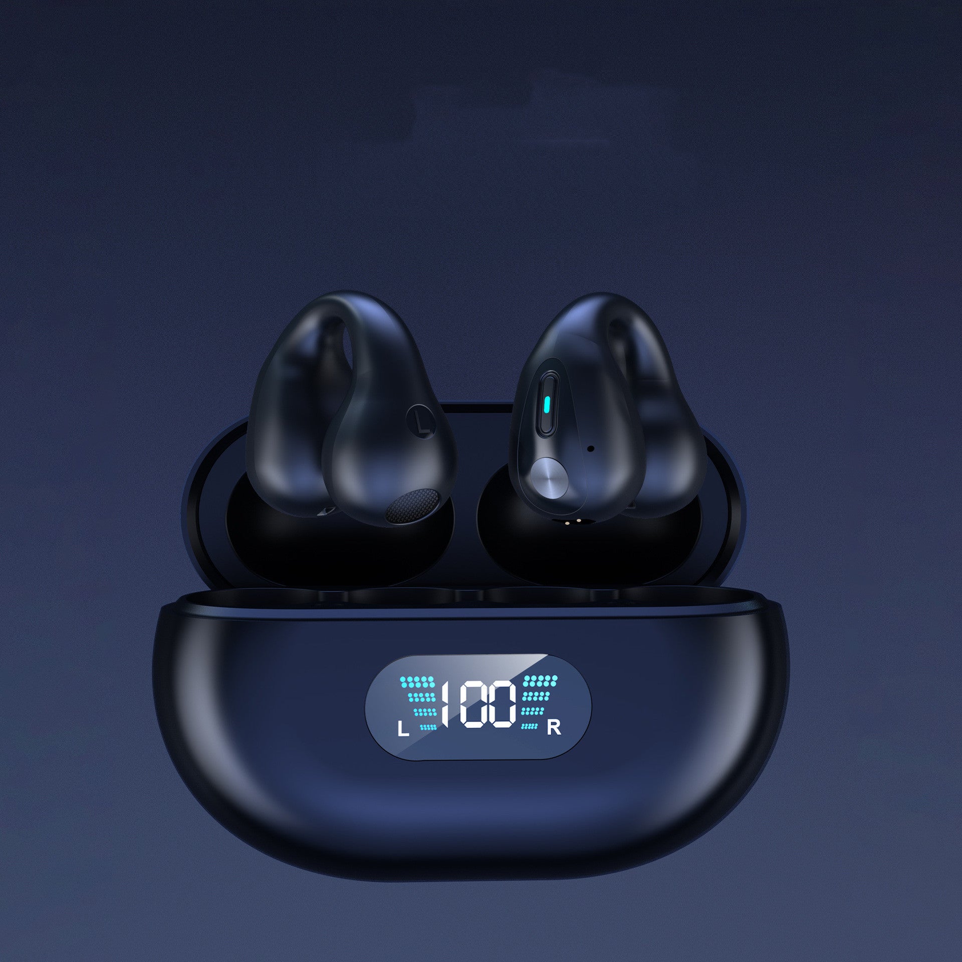 Bone conduction headphones with Bluetooth 5.3 in charging case displaying battery level.