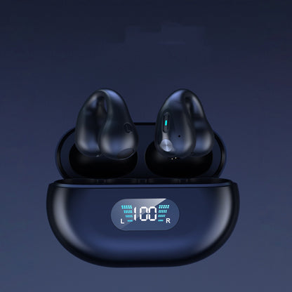 Bone conduction headphones with Bluetooth 5.3 in charging case displaying battery level.