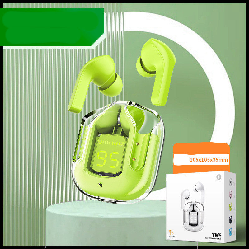 Mini transparent wireless Bluetooth headset with digital display and ENC noise reduction.