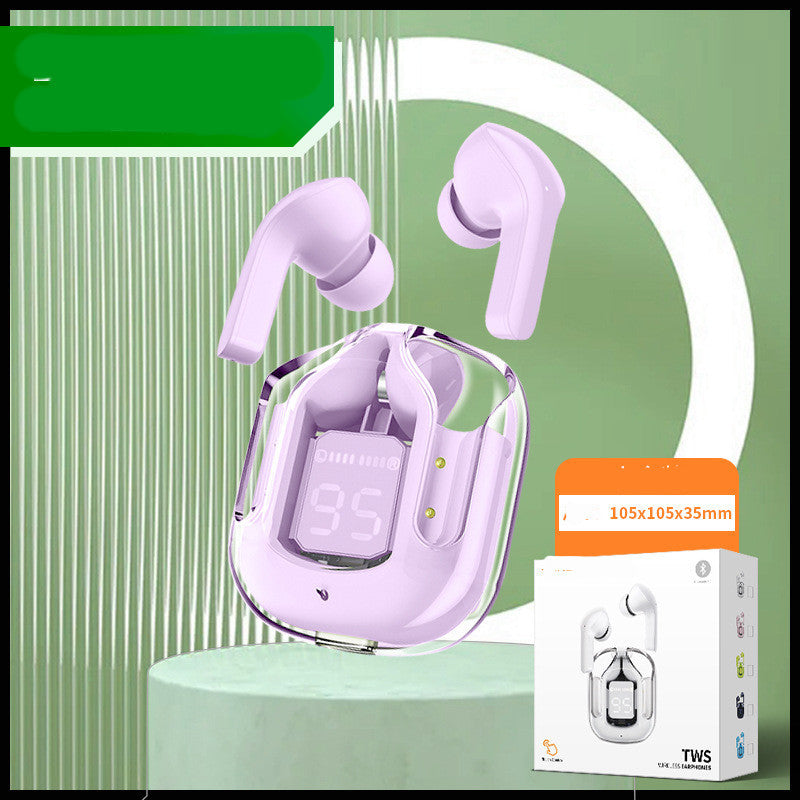 Mini transparent wireless Bluetooth headset with digital display and ENC noise reduction.