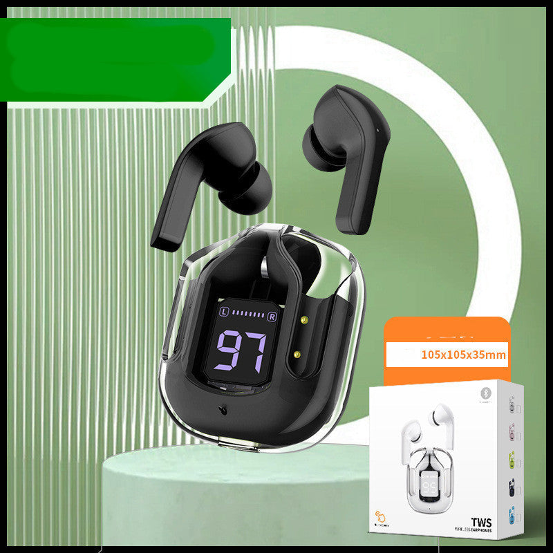 Mini Transparent Wireless Bluetooth Headset with Digital Display and ENC Noise Reduction.