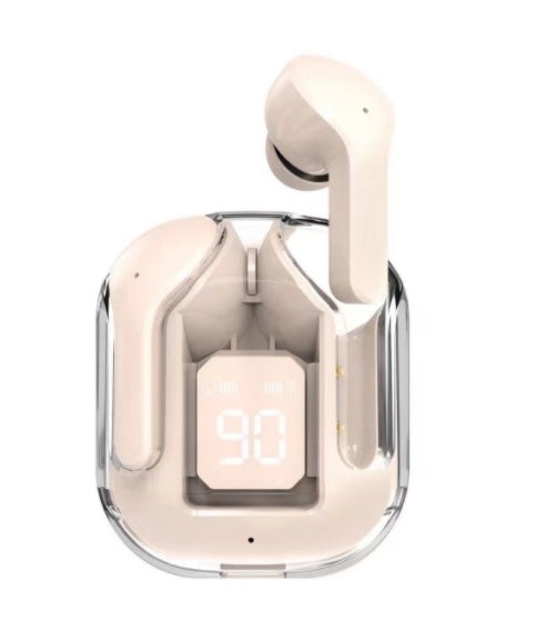 Mini transparent wireless Bluetooth headset with digital display and ENC noise reduction in charging case.