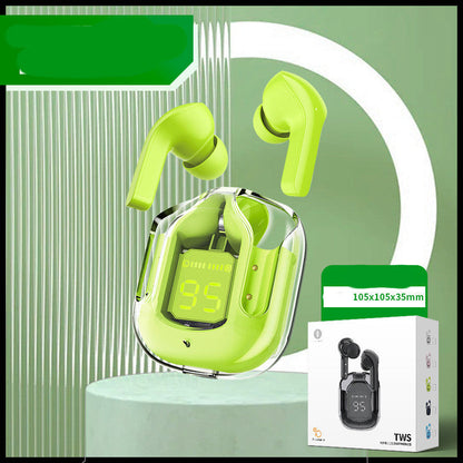 Mini transparent wireless Bluetooth headset with digital display, ENC noise reduction, and stylish charging case.