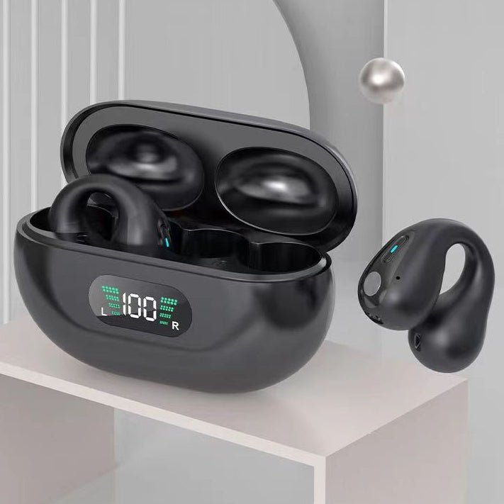 Bone conduction headphones TWS earbuds with Bluetooth 5.3 in charging case.